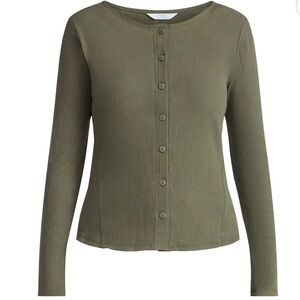 BNWT Olive Green Women's Ribbed Knit Button Front Top with Long Sleeves, Size XL
